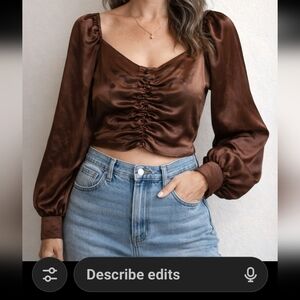 Y2K Cropped Copper Brown Rushed Front Long Sleeve Party Blouse with Side Zip. XL